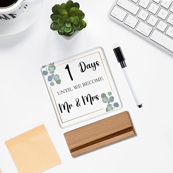 Wedding Countdown Items,Countdown to Wedding Just Engaged Gifts for Couple Wipeable Acrylic Sign for Women, Bride and Groom, Newly Future Mrs with Wood Stand 4 X 4 Inch