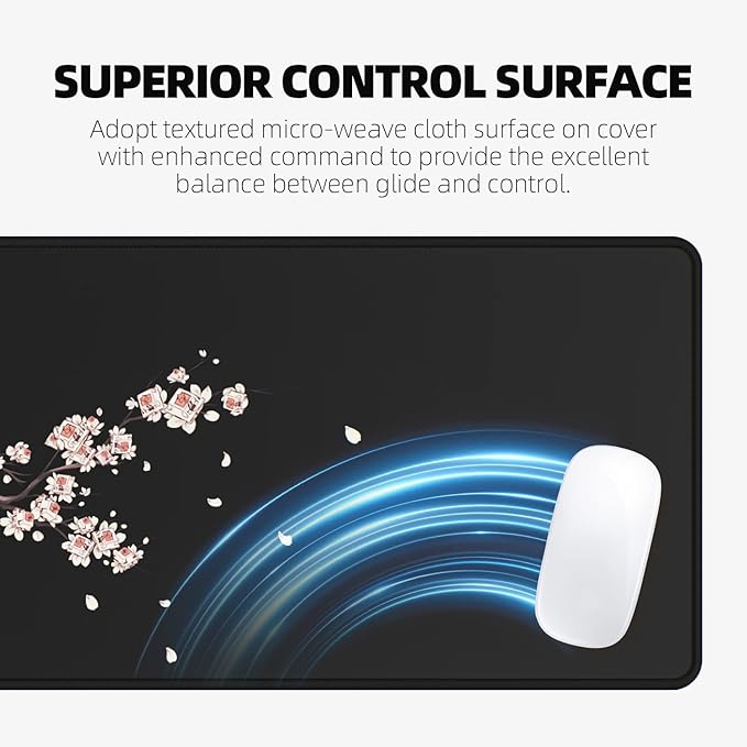 ETZ Japanese Plum Blossoms Black Mouse Pad (31.5 × 11.8 × 0.12 inch) Extended Large Mouse Mat Desk Pad, Stitched Edges Mousepad,Non-Slip Rubber Base,Gaming Mouse Pad XL.