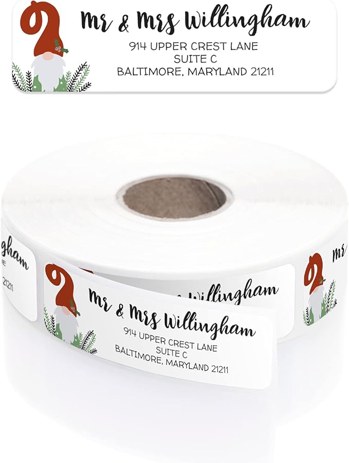 Holiday Gnome Rolled Address Label/Roll of 250 Adorable Christmas Personalized Address Labels/Designer Return Address Stickers in Elegant Plastic Dispenser