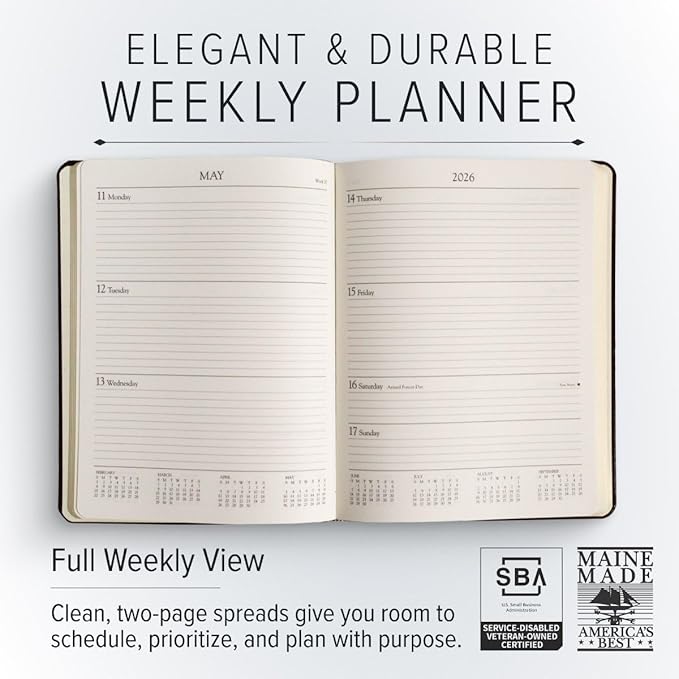 Gallery Leather Large Weekly Monthly Planner 2025-2026, Elegantly Bound Calendar Planner and Notebook with Stylish Gold-Gilded Page Edges, 12 Months - Acadia Lime - 9.75 x 7.5 "
