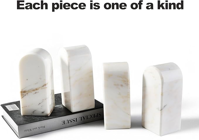 Koville Natural Marble Bookends for Shelves, Decorative Book Ends, 7lbs Heavy-Duty Marble Book Holders, Bookshelf Apartment Decor for Normal Books/CD/Video Games Calacatta
