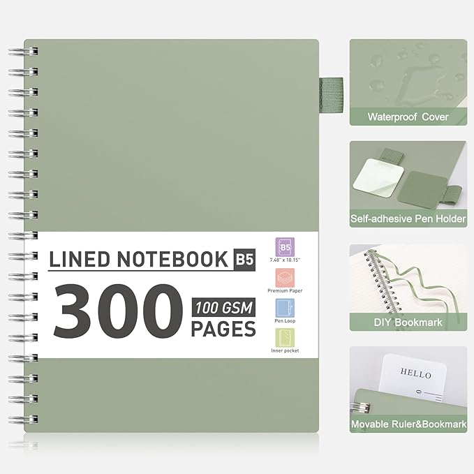 AHGXG Spiral Notebook College Ruled - Large Spiral Journal Notebook B5 7.48" × 10.15", 300 Pages, 100GSM Thick Paper, Plastic Hardcover, for Work Office School Writing Notes, Sage Green