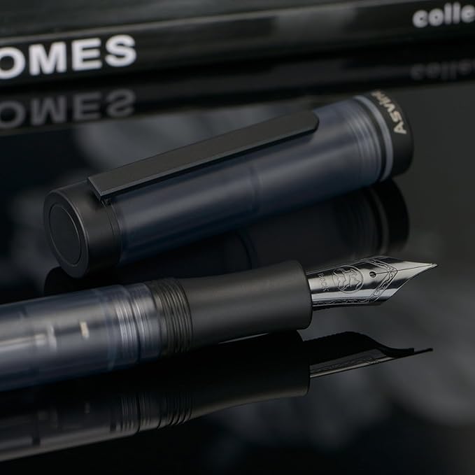 Asvine V200 Titanium Fountain Pen Vacuum Filling, Matte Black Bock Broad Nib Transparent Acrylic Smooth Writing Pen Case Set