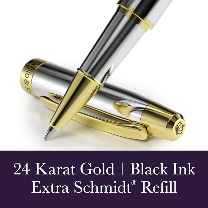 Bond & Regent Silver Chrome & 24 Karat Gold | Certified Luxury Grade Rollerball Pen | Nice Gift for Men & Women