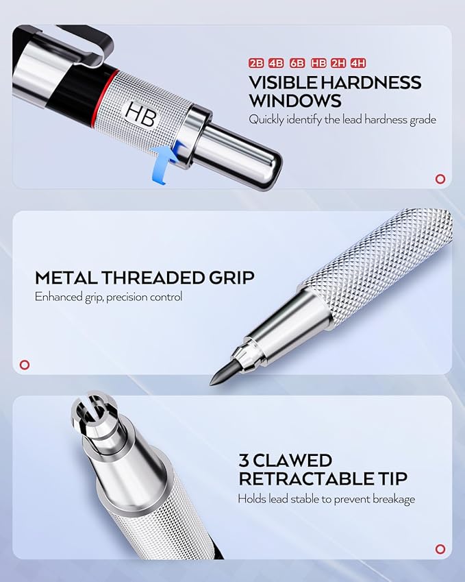 Nicpro 37PCS Art Mechanical Pencil Set, 4PCS Metal Drafting Pencil 0.3mm, 0.5 mm, 0.7 mm, 0.9 mm & 2PCS 2mm Lead Holder (6B 4B 2B HB 2H 4H Colors) For Sketching Drawing With 23 Tube Lead Refills Case