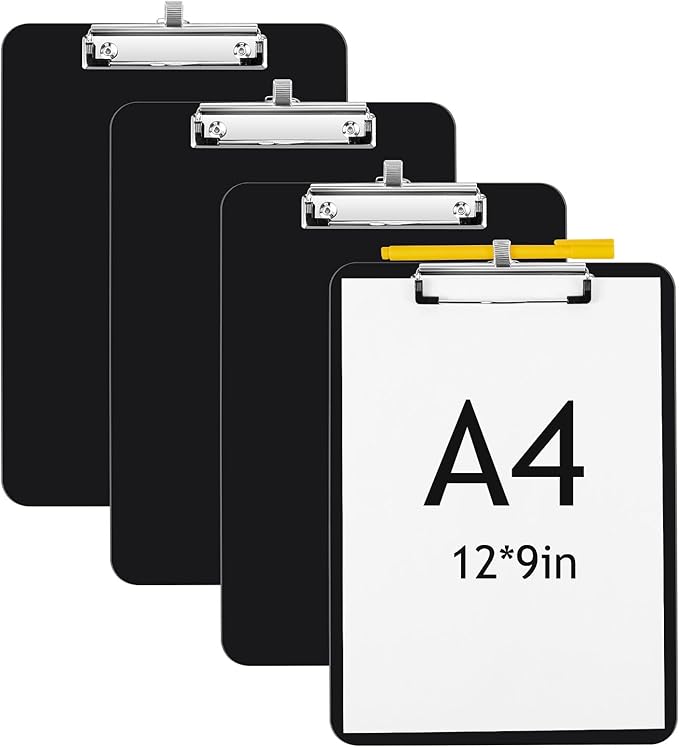 4 Pcs Metal Clipboards with Pen Holder 12 x 9 Inch Black Clip Board with Profile Clip Standard A4 Letter Size Plastic Clipboard Hanging Pen Holder Storage Clipboard for School Students Office Work