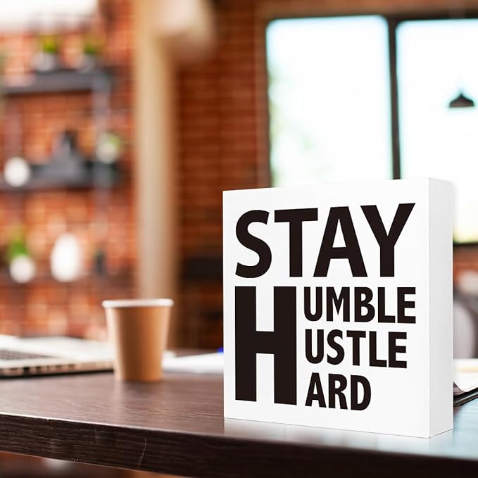 Wooden Block Sign "Stay Humble Hustle Hard" 5x5x1 INCH, Motivational Office and Gym Decor, Entrepreneur Plaque for Desk or Wall, Vintage Style Work Ethic Display