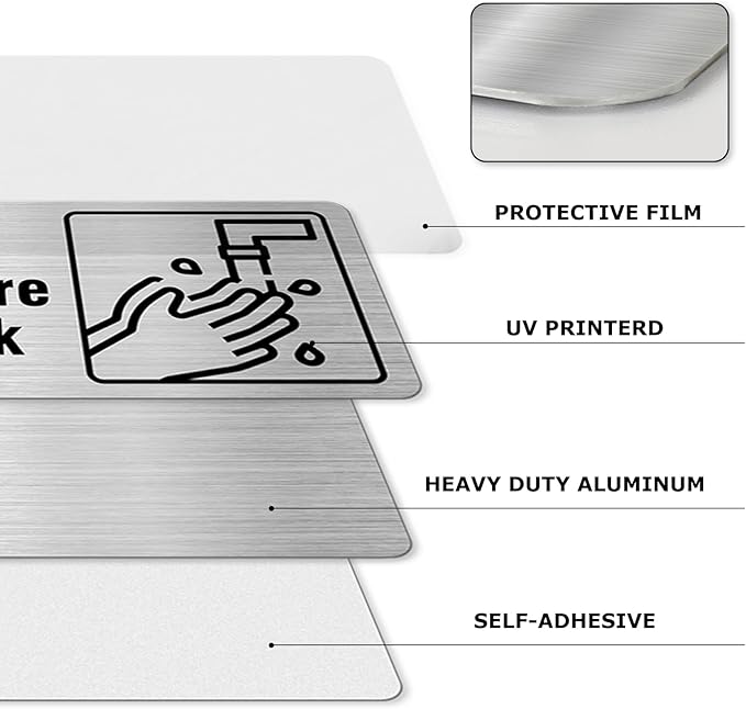 Employees Must Wash Hands Before Returning To Work Sign Aluminum Silver 9 x 3 Inches Self-Adhesive Waterproof Metal Door Wall Sign for Business Bathrooms 4 Pack