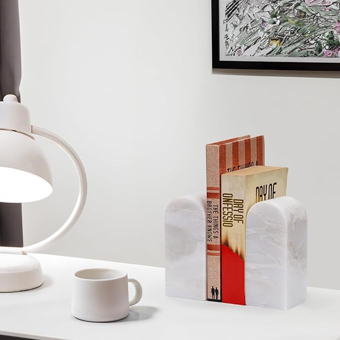 Koville African Natural Marble Bookends for Shelves, Decorative Book Ends, 7lbs Heavy-Duty Marble Book Holders, Bookshelf Apartment Decor for Normal Books/CD/Video Games(Bianco Fiora)