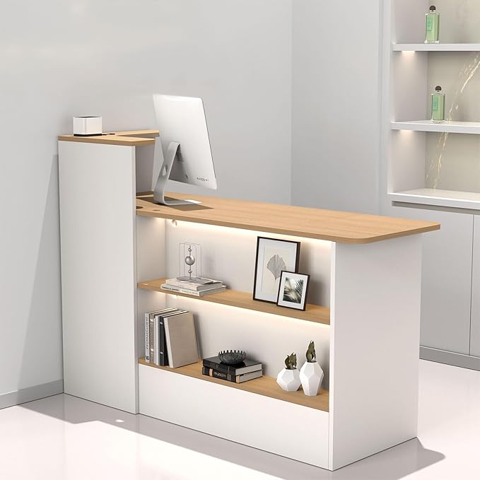 Modern Reception Desk with LED Lights - 59" Front Desk Reception Counter with Dual Display Shelves & Hidden Cable Management, Lockable Drawer & Storage Cabinet for Office, Salon, Spa, Retail, Right