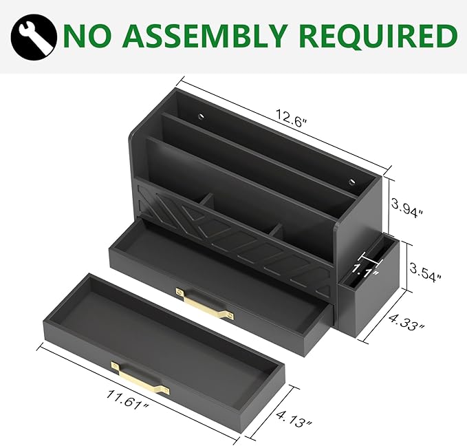 Bamboo Desk Organizer Mail Holder Countertop Wood Desk Drawer Tabletop Storage Box Pen Holder Letter Sorter Makeup Organizer for School Home Office Supplies with Pen Holder Black