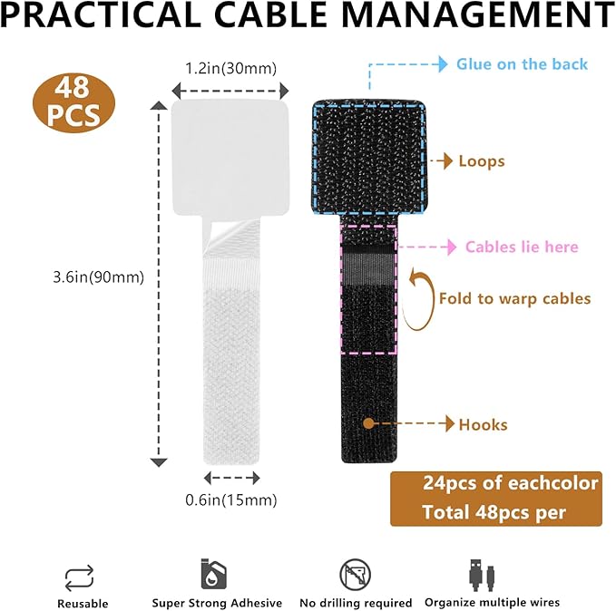 Under Desk Cable Management, Wire Organizers for Cords - Upgrade 48 PCS Sticky Back Self Adhesive Cable Ties, Hook and Loop Straps for Home or Office Use