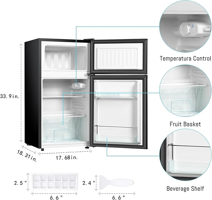 Mini Fridge With Freezer,3.2 Cu.Ft Compact Refrigerator,Mini Refrigerator With 2 Doors For Bedroom,Office,Kitchen,Apartment,Dorm(black.)