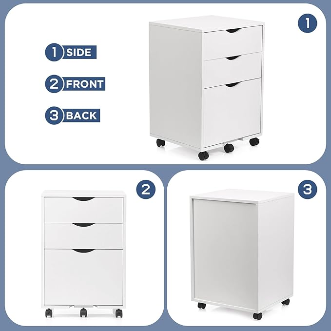 HollyHOME 3-Drawer Wood File Cabinet, Under Desk Cabinet for Home Office, Rolling Storage Shelf for Home, Printer Stand, for A4, Letter-Size, 11.8in Hanging File Folders, White