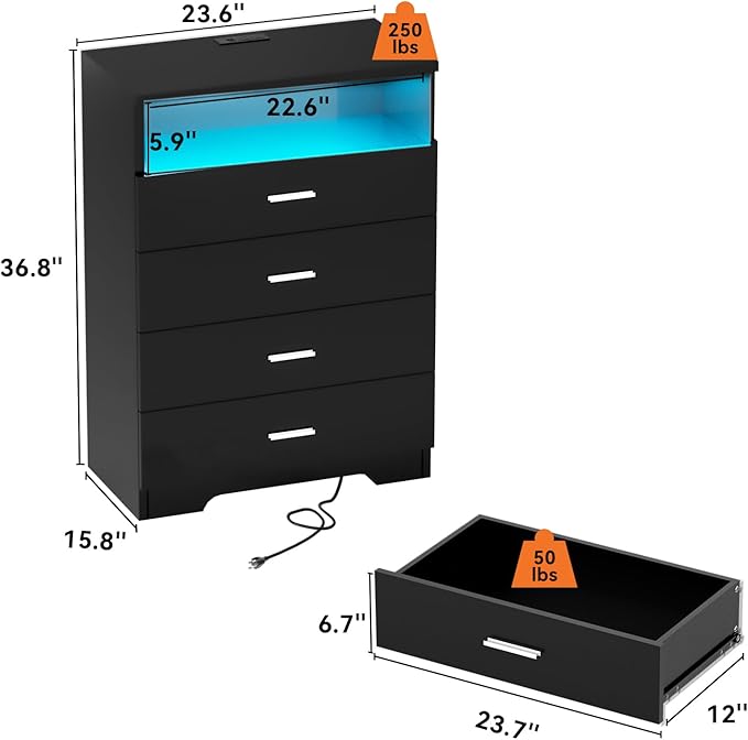 Dresser with Power Outlets and LED Lights Wooden 4 Drawer Dresser with Large Organizer Tall Black Drawer for Bedroom Modern Chest of Drawers Closet for Living Room Kids Room