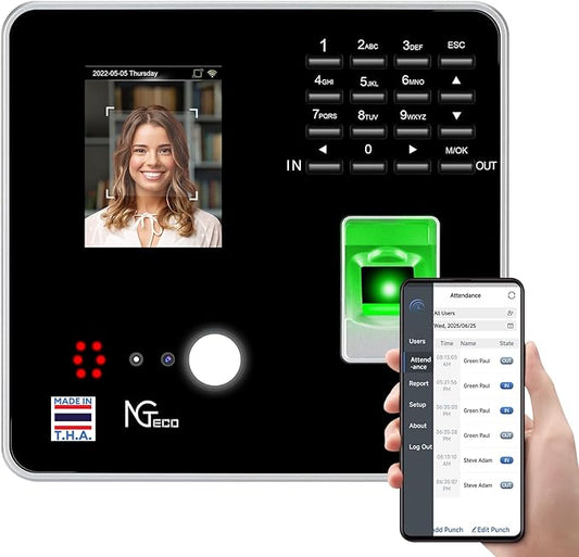 NGTeco Time Clocks for Employees Small Business with Face, Finger Scan, RFID and PIN Punching in One, MB2 Office Time Card Machine Automatic Punch with APP for iOS Android (0 Monthly Fee)