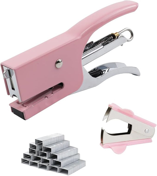 Small Hand-held Stapler Set, 15 Sheet Capacity, includes 750Pcs Staples and A Staple Remover, Mini Desktop Stapler for Office, School, Home or Travel Use. (Pink)