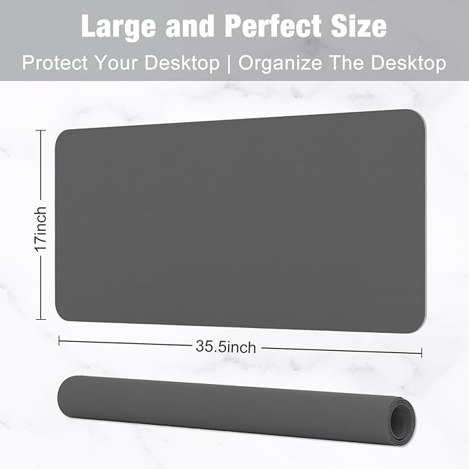 Hsurbtra Desk Pad, 35.5" x 17" PU Leather Desk Mat, XXL Extended Mouse Pad, Waterproof Desktop Blotter Protector, Non-Slip Ultra Thin Large Laptop Keyboard Writing Mat for Office Home, Dark Gray