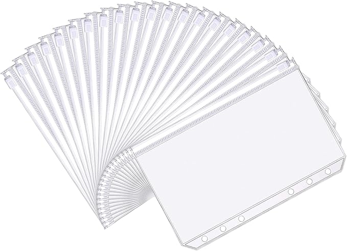 Binder Pockets, 20pcs A5 Size 6 Holes Binder Pockets, [Waterproof PVC Pouch] Premium Clear Binder Zipper Folders Document Filing Bags for 6-Ring Notebook Binder Loose Leaf Bags,-Clear