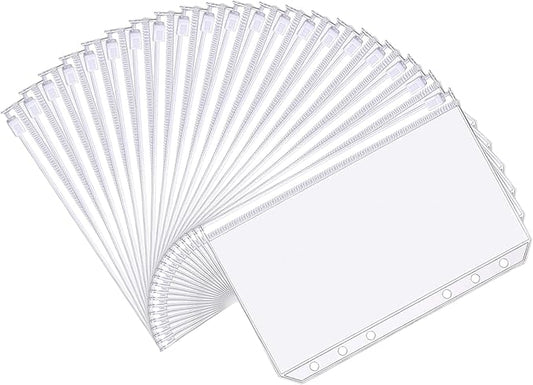 Binder Pockets, 20pcs A5 Size 6 Holes Binder Pockets, [Waterproof PVC Pouch] Premium Clear Binder Zipper Folders Document Filing Bags for 6-Ring Notebook Binder Loose Leaf Bags,-Clear