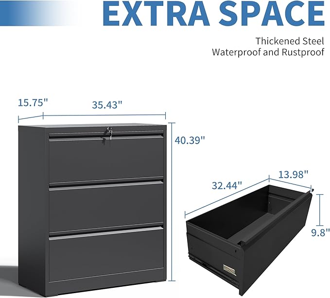 File Cabinets 3 Drawer,Metal Office Storage Filing Cabinet with Lock,Black Lateral Filing Cabinet for Home Office,Horizontal Locking File Cabinets for Legal/Letter/A4,Assembly Require,Black