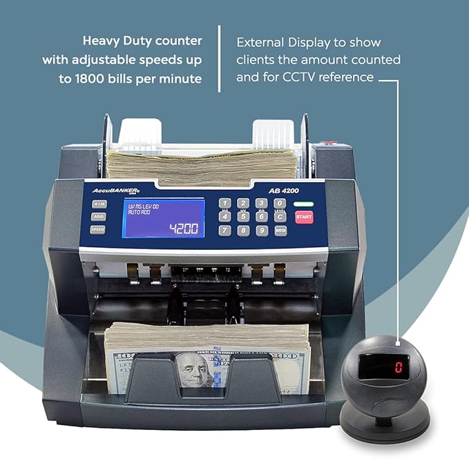 AccuBANKER AB4200MGUV Bill Counter Machine, 300 Bills Hopper Capacity Variable Counting Speeds up to 1,800 Bills/Min with 3-Point Counterfeit Detector Magnetic Ultraviolet, Commercial Grade, UL & CE