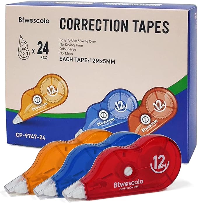 Correction Tape, 39.37FT Gift Packed Tear-Resistant Correction Tape, Tape for School, Office, With Roller Adjuster (9747-24pcs)