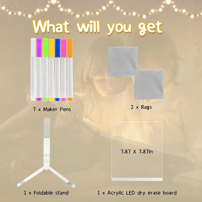 LED Note Board with 7 Colors, Light up Acrylic Message Board, Night Light outwards Writing Drawing Dry Erase Board, Personalized Note Board with Colors Large and 7 Pens for Kids (7.87x7.87inches)