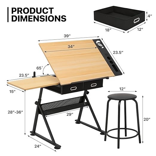 MoNiBloom Adjustable Drafting Table & Stool Set with Storage, Versatile Art Desk and Craft Center Home Study Room Artist Desk