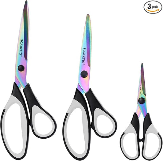 Craft Scissors Set of 3 Pack, All Purpose Sharp Titanium Blades Shears, Comfort Grip Handle, Multipurpose Fabric Scissors Tool Great for Adults, Office, Sewing, School and Home Supplies, White&Black
