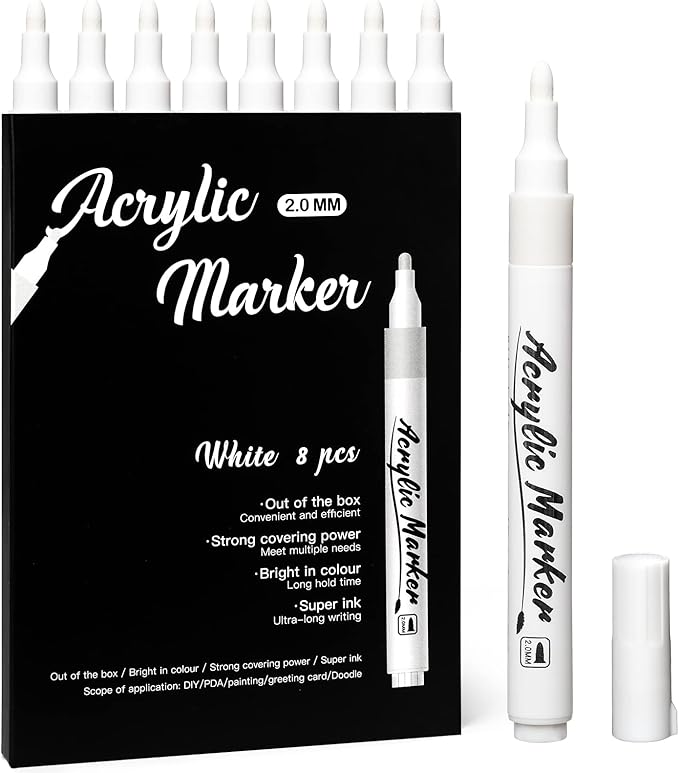 White Markers Pen, 8 Pack Paint Pens, Fine Tip Acrylic White Permanent Markers for Sketching, Drawing, Wood, Rock, Tyres, Plastic, Leather, Glass, DIY Painting