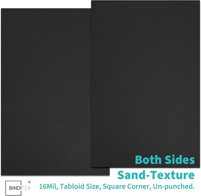 Binditek 50 Pack 16 Mil Sand-Textured Polycover, 11 x 17 Inches Front and Back Covers, Lightly Sanded Finish, Heavyduty Binding Presentation Covers for Business Reports, Tabloid, Black