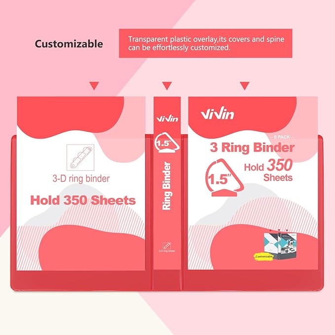 ViVin Sturdy 1.5 Inch 3 Ring Binder with Pockets,Slant-D Ring, PVC-Free, Customizable Clear View Binder,Holds 350 Sheets of 8.5" x 11" Paper, 6 Pack (Red)