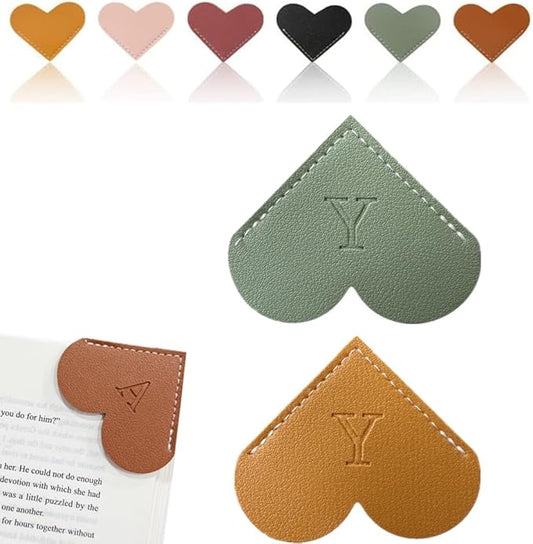 Personalized Leather Heart Bookmark, 26 Letters Customized Corner Book Mark for Reading Women, Book Marker with Initials，Cute Gifts (Green+Light Brown, Y)