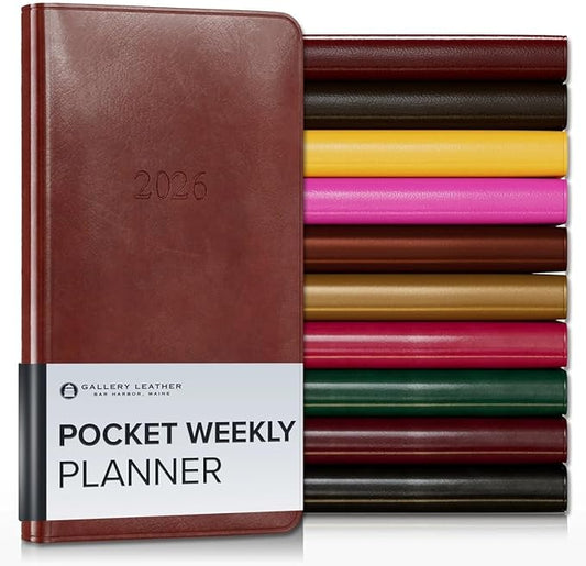 Gallery Leather Pocket Weekly Monthly Planner 2025-2026, Elegantly Bound Calendar Planner and Notebook with Stylish Gold-Gilded Page Edges, 12 Months - Acadia Tan - 6 x 3.25 "