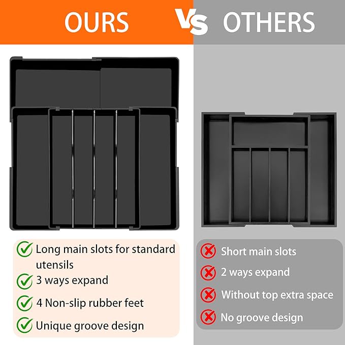 Silverware Organizer - Expandable Kitchen Drawer Organizer, Adjustable Silverware Drawer Organizer, Plastic Cutlery Tray for Forks, Knives, Kitchen Drawer Organizers and Storage, Black