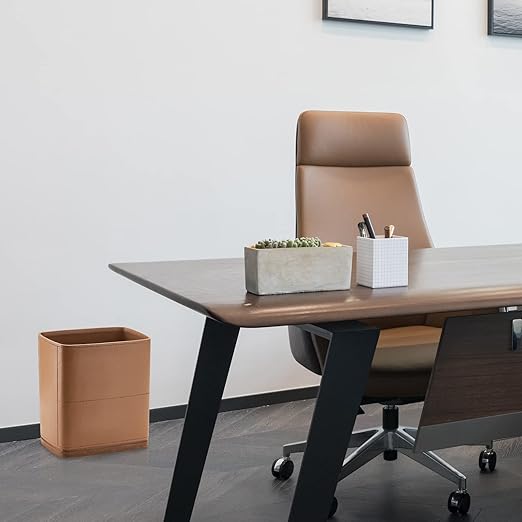 Polytree Bathroom Trash Can 1.8 Gallon(7 Liter) Small Kitchen Garbage Can,Decor Wastebasket for Bedroom Office,Resin Hand-Carved Leather Brown