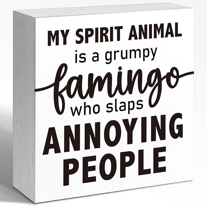 Funny Office Wood Box Sign - "Grumpy Flamingo Spirit" Wooden Block Sign, 5x5x1 Inch Whimsical Desk Decor for Sassy Female Professionals