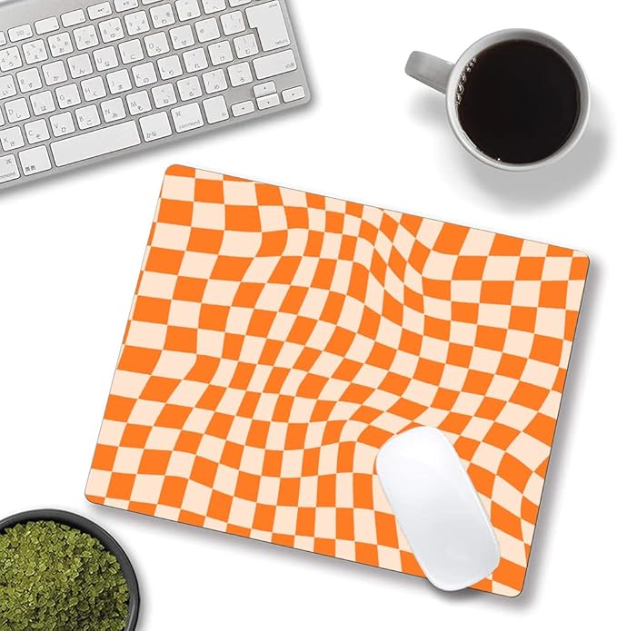 Mouse Pad, Orange Checkered Design Mouse Pad, Washable Square Cloth Mousepad for Office Laptop, Non-Slip Rubber Computer Mouse Pads for Wireless Mouse, Cute Mouse Pads for Desk