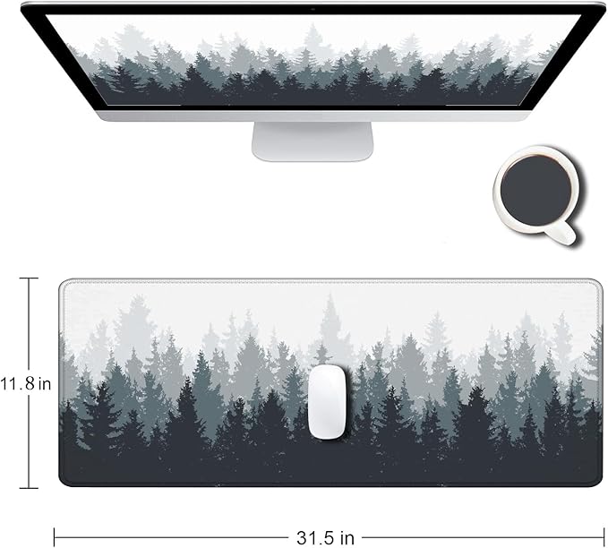 Gaming Mouse Pad Large, Keyboard Mouse Mat Desk Pad, Non-Slip Rubber Base with Stitched Edges Mousepad, 31.5X11.8 inch Misty Forest Tree