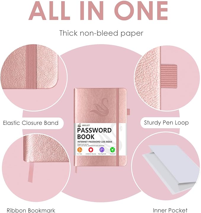 Elegant Password Book with Alphabetical Tabs - Hardcover Password Book for Internet Website Address Login - 7" x 10" Password Keeper and Organizer w/Notes Section & Back Pocket (Rose Gold)