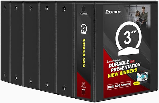 Comix Sturdy 3 inch Round Ring View Binder, Basic 3 Ring Binder 600-Sheet Capacity, Fit 8.5" x 11" Paper, 6 Pack (Black)