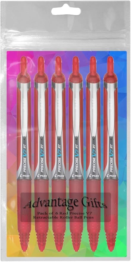 Precise V7 RT Retractable Rolling Ball Pens, Fine Point (.7mm), Red Ink, 6-pk; Premium Comfort Grip, Bundle with Plastic Reusable Pouch