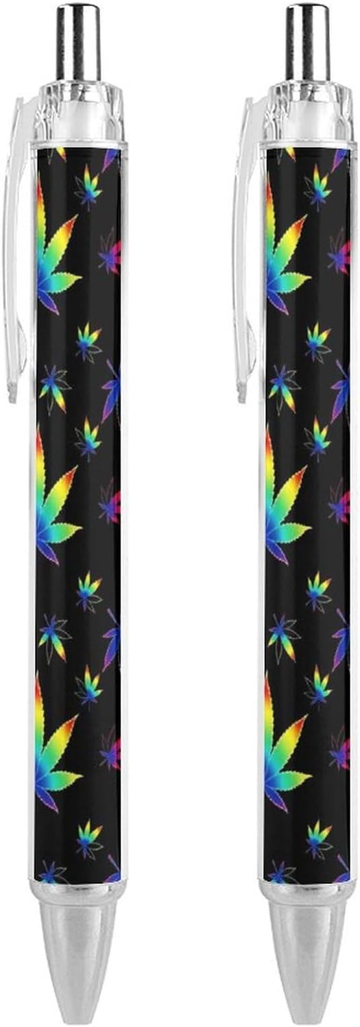 Fashion Smooth Writing Pens with Refillable Black Ink, Retractable Ball Point Pen Trippy WeedLeaf Leaf Black Ballpoint Pens for Writing Drawing, 2 Pcs
