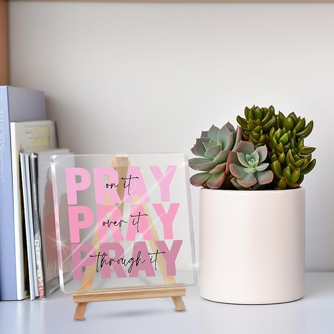 Pink Office Desk Accessories Acrylic Decor Sign, Dorm Room Decor for Women, Inspirational Christian Gifts- Pray on It- Bible Verse Desk Art, Include A-Shaped Wood Display Easel