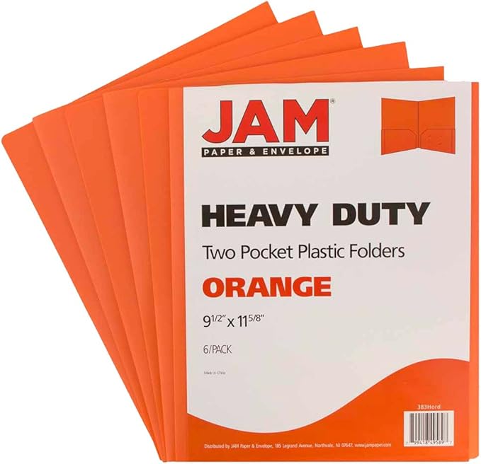 JAM PAPER Heavy Duty Plastic 2 Pocket Extra Tough School Folders - Orange - 6/Pack