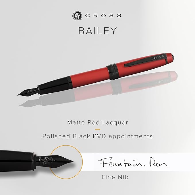 Cross Bailey Refillable Fountain Presented in a Premium Gift Box - Medium Point, Black Ink, Matte Red