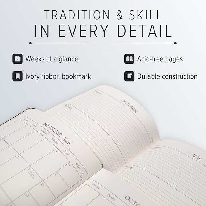 Gallery Leather Large Weekly Monthly Planner 2025-2026, Elegantly Bound Calendar Planner and Notebook with Stylish Gold-Gilded Page Edges, 12 Months - Acadia Pool - 9.75 x 7.5 "