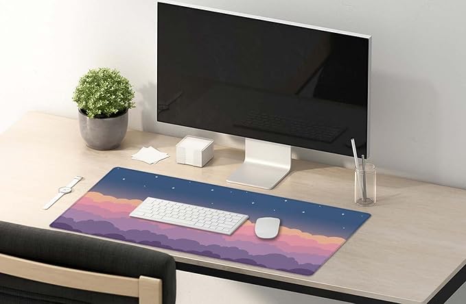 SSOIU Cute Clouds Purple Desk Mat, Extra Large XXL Gaming Mouse Pad 35.5" X 15.7", Waterproof with Stitched Edges