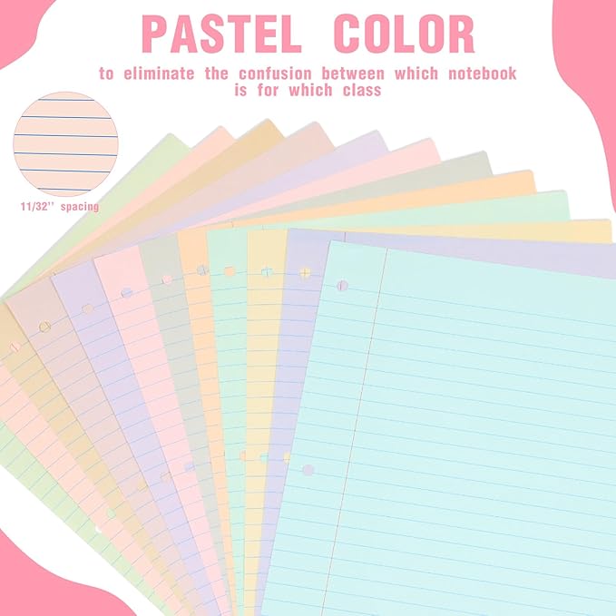 PerKoop 12 Pack 600 Sheets Colored Lined Paper Bulk Wide Ruled 8 x 10.5 Inches, Pastel Loose Leaf Notebook Paper 3 Hole Punched Filler for Back School Classroom Supplies(Light Color)